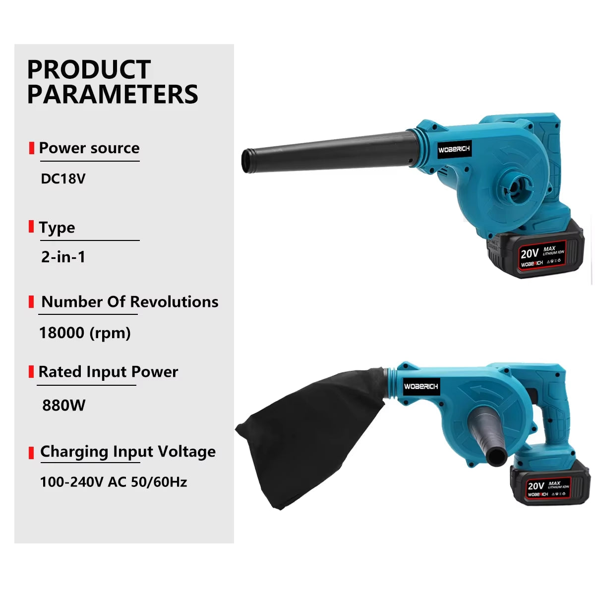 Cordless Electric Air Blower 2 in 1 Blowing&Suction Leaf Blower PC Dust Collector Vacuum Cleanner for Makita Battery