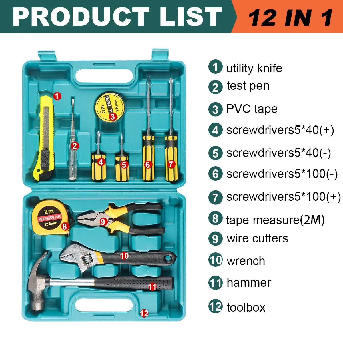 8/9/12/13Piece Tools Set General House Hold Hand Tool Kit with Plastic Toolbox Storage Case Used to Car Repair and Home Repair