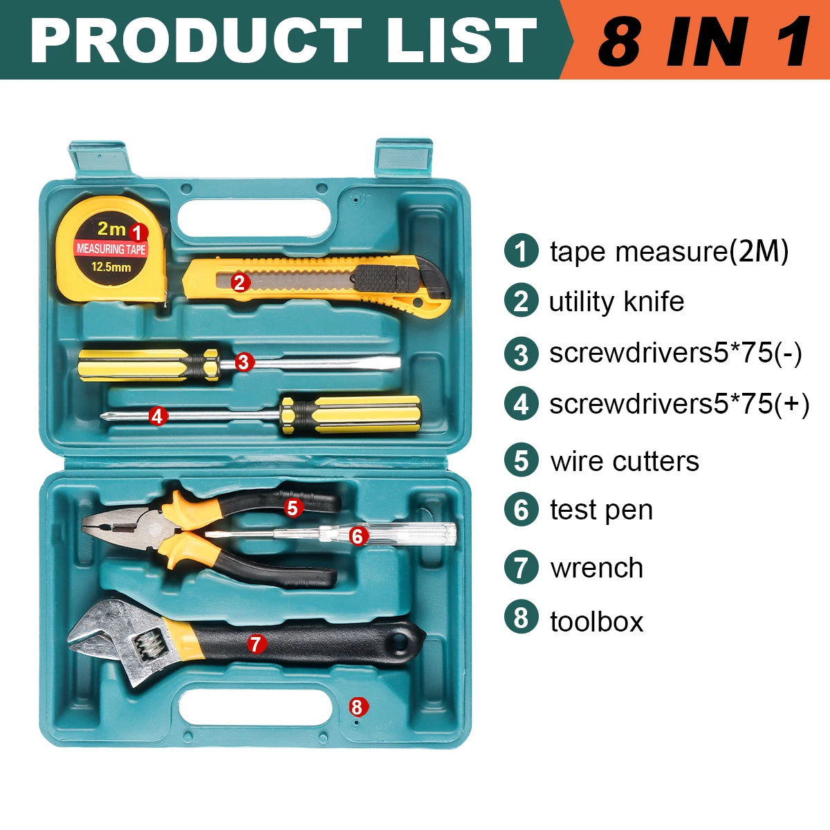 8/9/12/13Piece Tools Set General House Hold Hand Tool Kit with Plastic Toolbox Storage Case Used to Car Repair and Home Repair